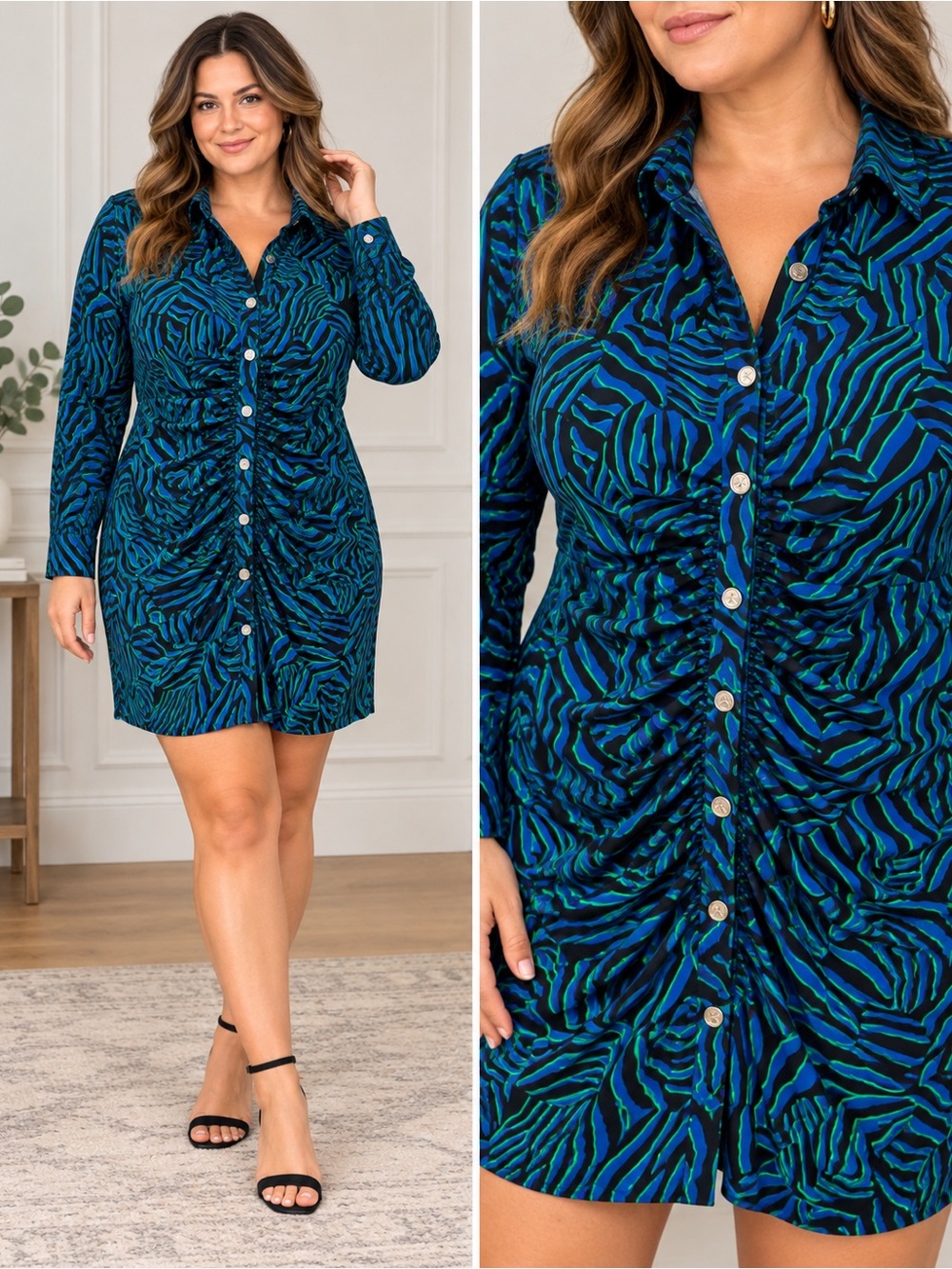 Michael Kors Size XL Blue Green Abstract Print Ruched Button Front Shirt Dress